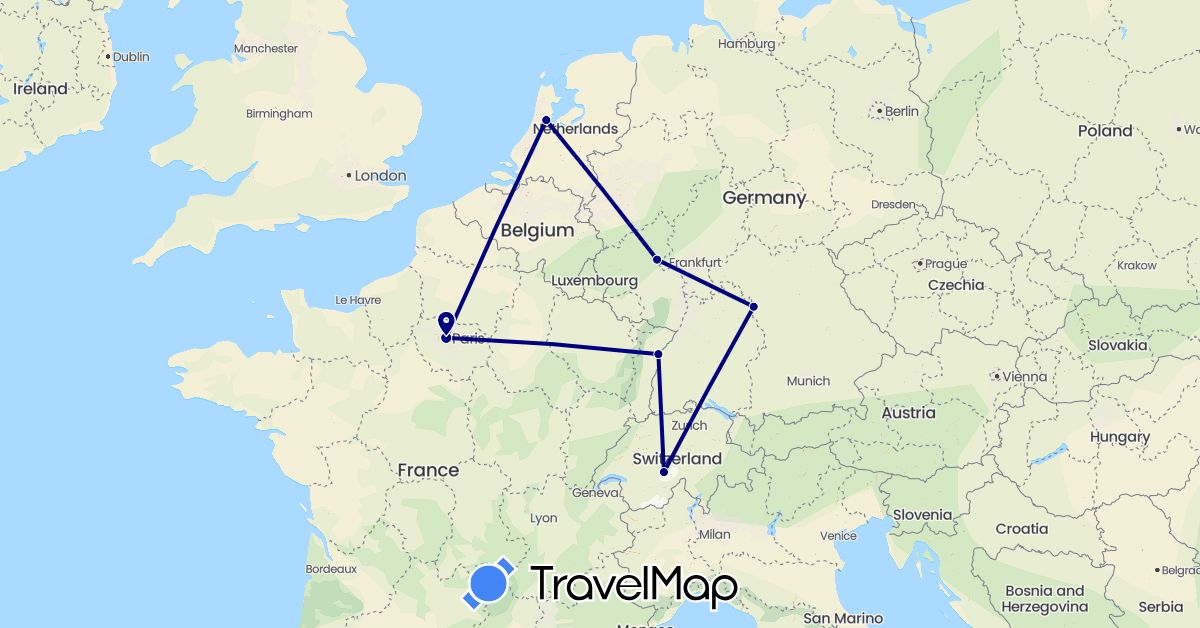 TravelMap itinerary: driving in Switzerland, Germany, France, Netherlands (Europe)